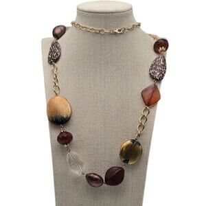 Brown Animal Print Beaded Long Necklace Gold Tone Chain – Modern Safari Chic